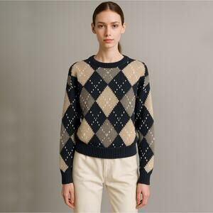 Vintage Lizsport‎ Argyle Sweater Women’s Small – Ramie Cotton Knit Oversized Fit